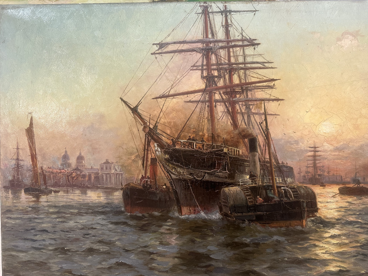Charles John DE LACY (1856-c.1936) Anglais"Le port de Londres" Huile sur toile signée, 60x106cm-photo-4