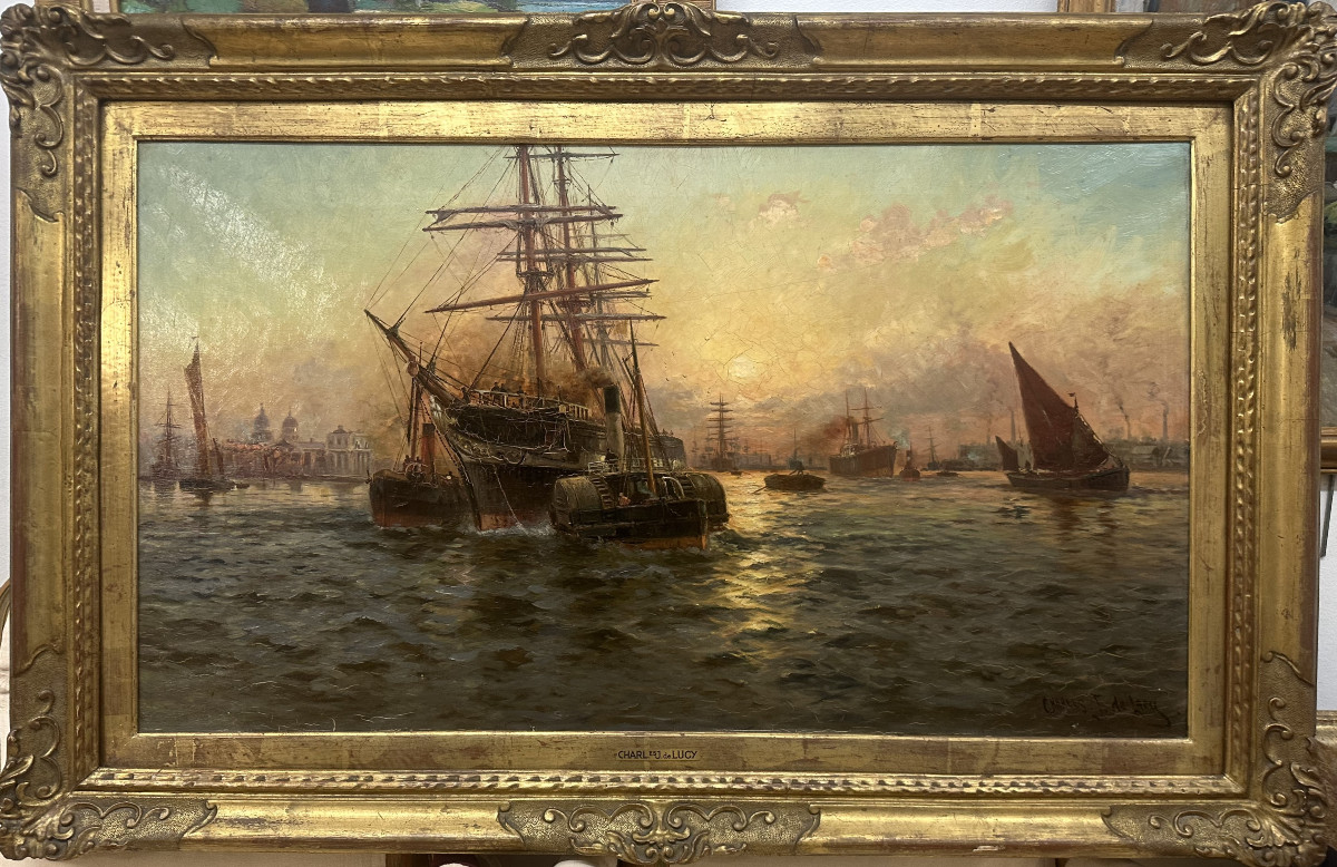 Charles John DE LACY (1856-c.1936) Anglais"Le port de Londres" Huile sur toile signée, 60x106cm-photo-2