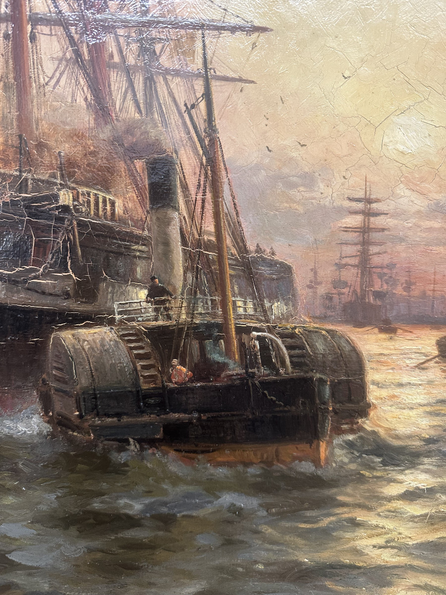 Charles John DE LACY (1856-c.1936) Anglais"Le port de Londres" Huile sur toile signée, 60x106cm-photo-1