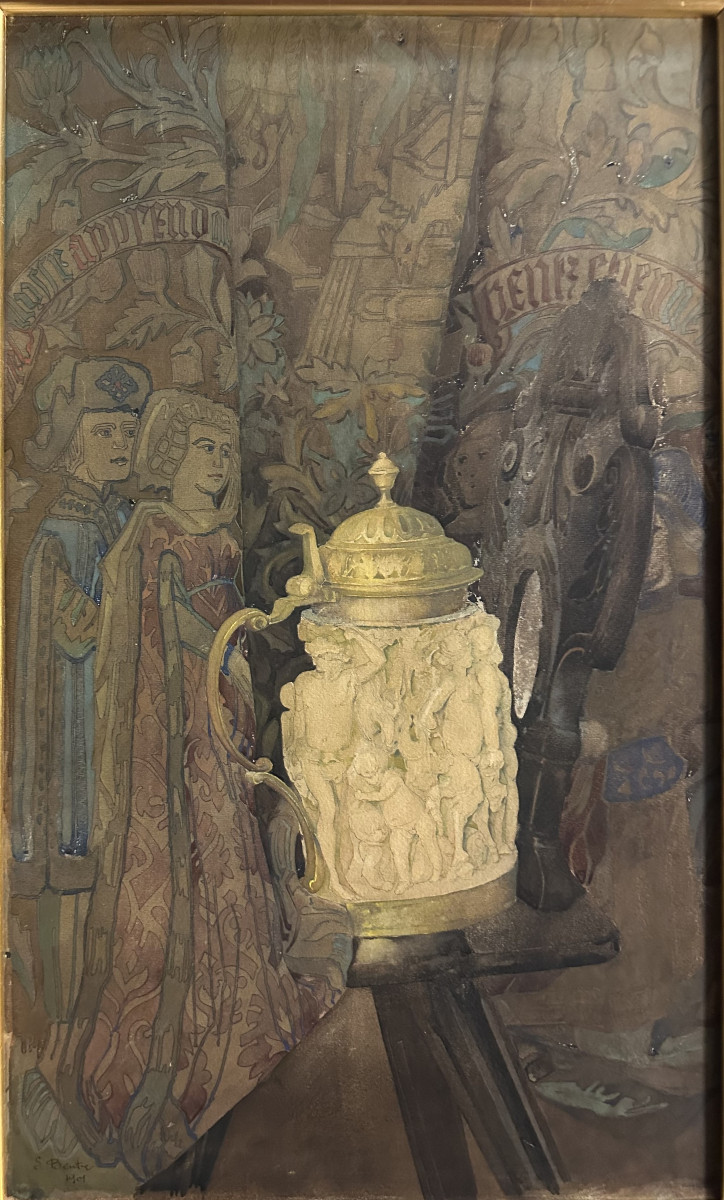 Bentz (19th Century) "fraktur Subject With A Beer Mug" Watercolor,signed Lower Left, Dated 1901-photo-2