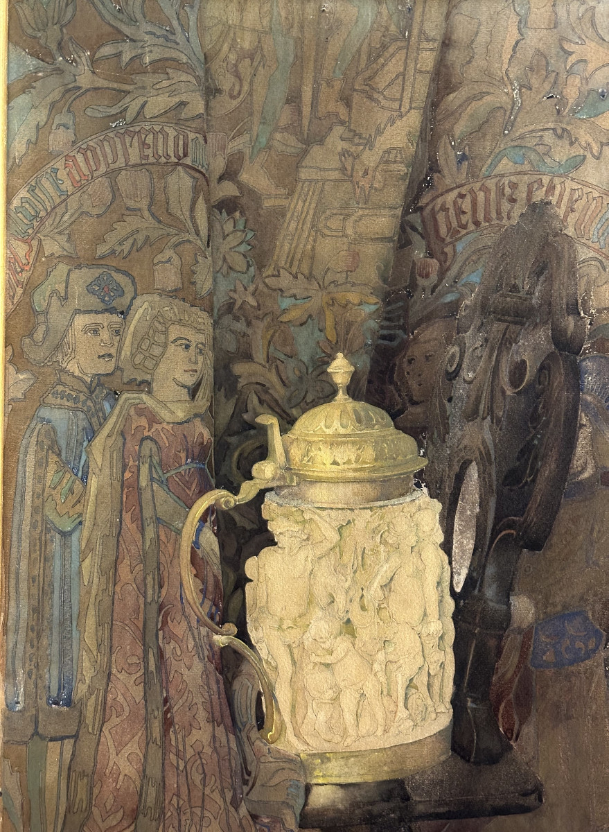 Bentz (19th Century) "fraktur Subject With A Beer Mug" Watercolor,signed Lower Left, Dated 1901-photo-3