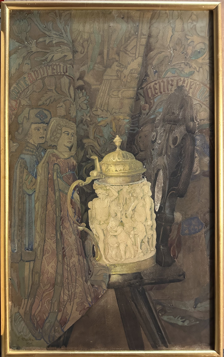 Bentz (19th Century) "fraktur Subject With A Beer Mug" Watercolor,signed Lower Left, Dated 1901
