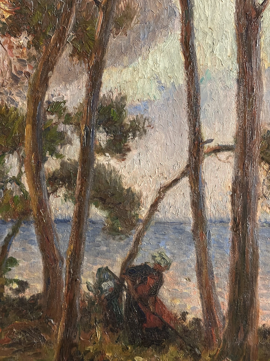 19th-century Breton Post-impressionist School ‘women By The Sea With Pine Trees’ Oil Painting, -photo-2