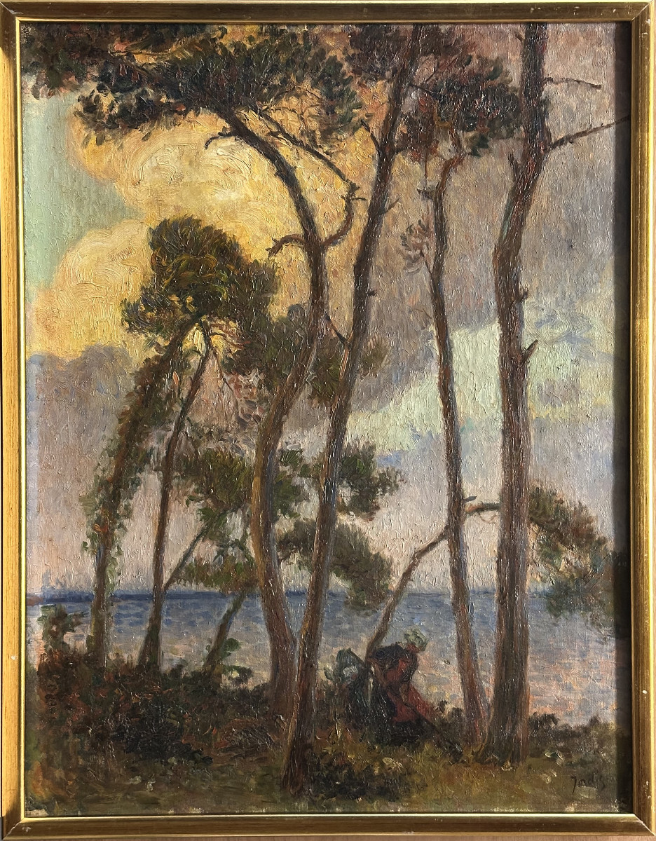 19th-century Breton Post-impressionist School ‘women By The Sea With Pine Trees’ Oil Painting, 