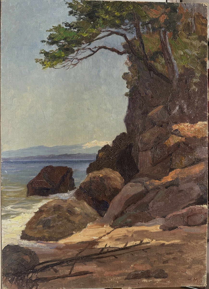 Wartan MAHOKIAN (1869-1937):"Vue du lac de Van et Ararat" Huile sur toile marouflée sur carton-photo-1