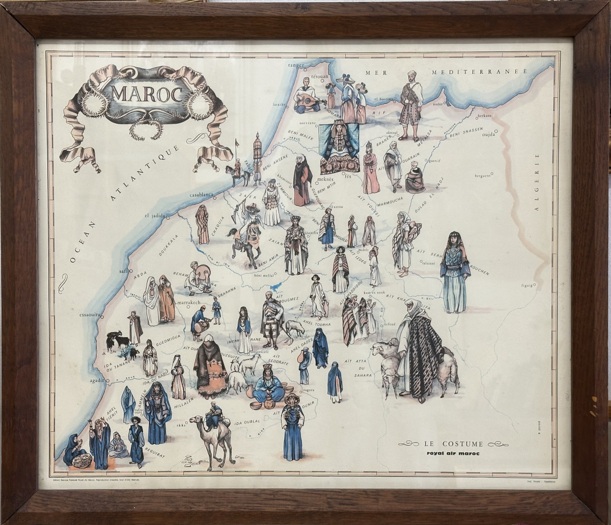 Affiche ancienne originale réalisée par M. Gayraud vers 1960, Maroc -Le costume-Royal Air Maroc