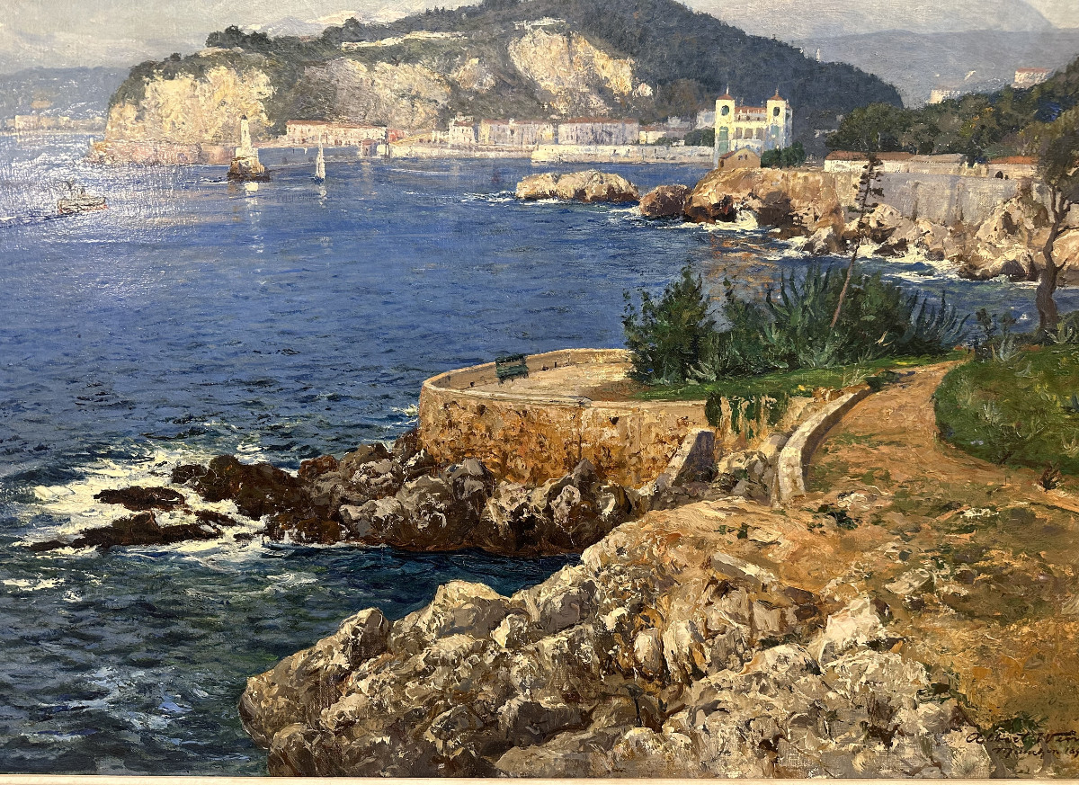 Albert Wenk German, 1863-1934 "view Of Nice From Coco Beach 1898" Oil On Canvas-photo-2