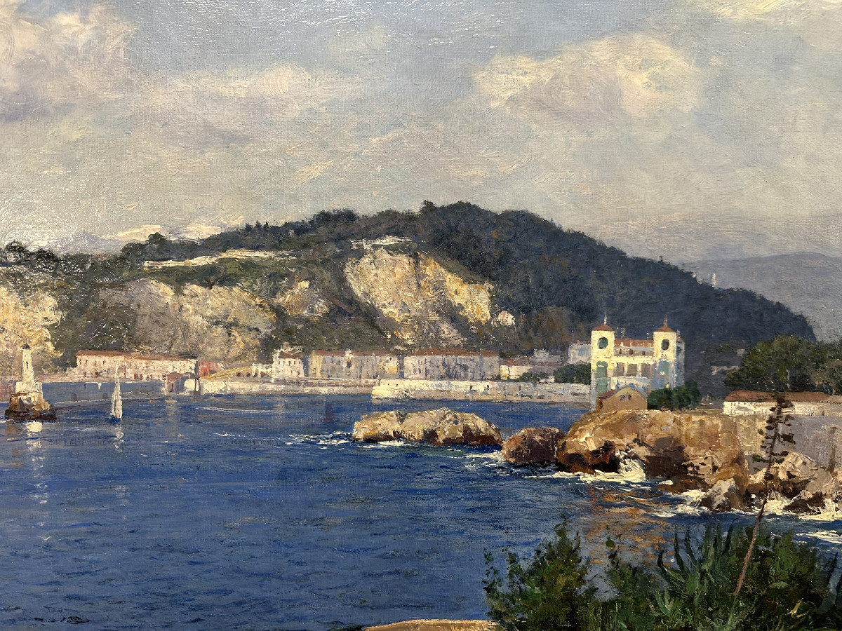 Albert Wenk German, 1863-1934 "view Of Nice From Coco Beach 1898" Oil On Canvas-photo-3