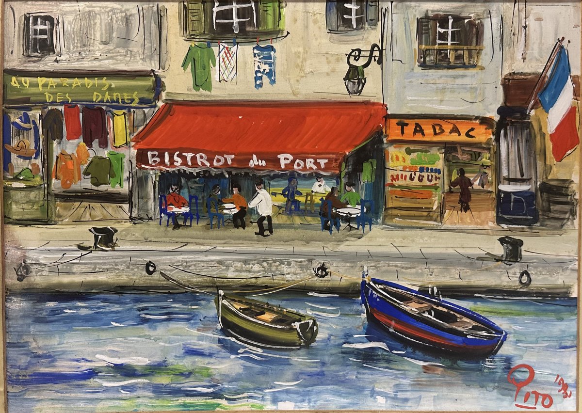 Alain Ducot Dit PITO 1924-2000 La Réole-Hendaye "Au paradis des dames, Bistrot du Port" gouache