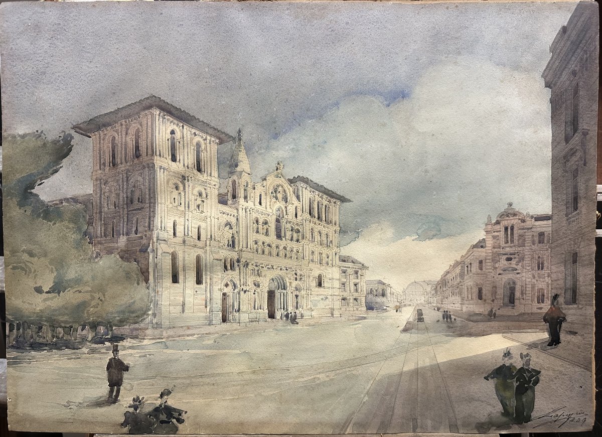 Illisible, Fin XIX° "Eglise Sainte Croix et Beaux-arts de Bordeaux" aquarelle signée bas droite-photo-2