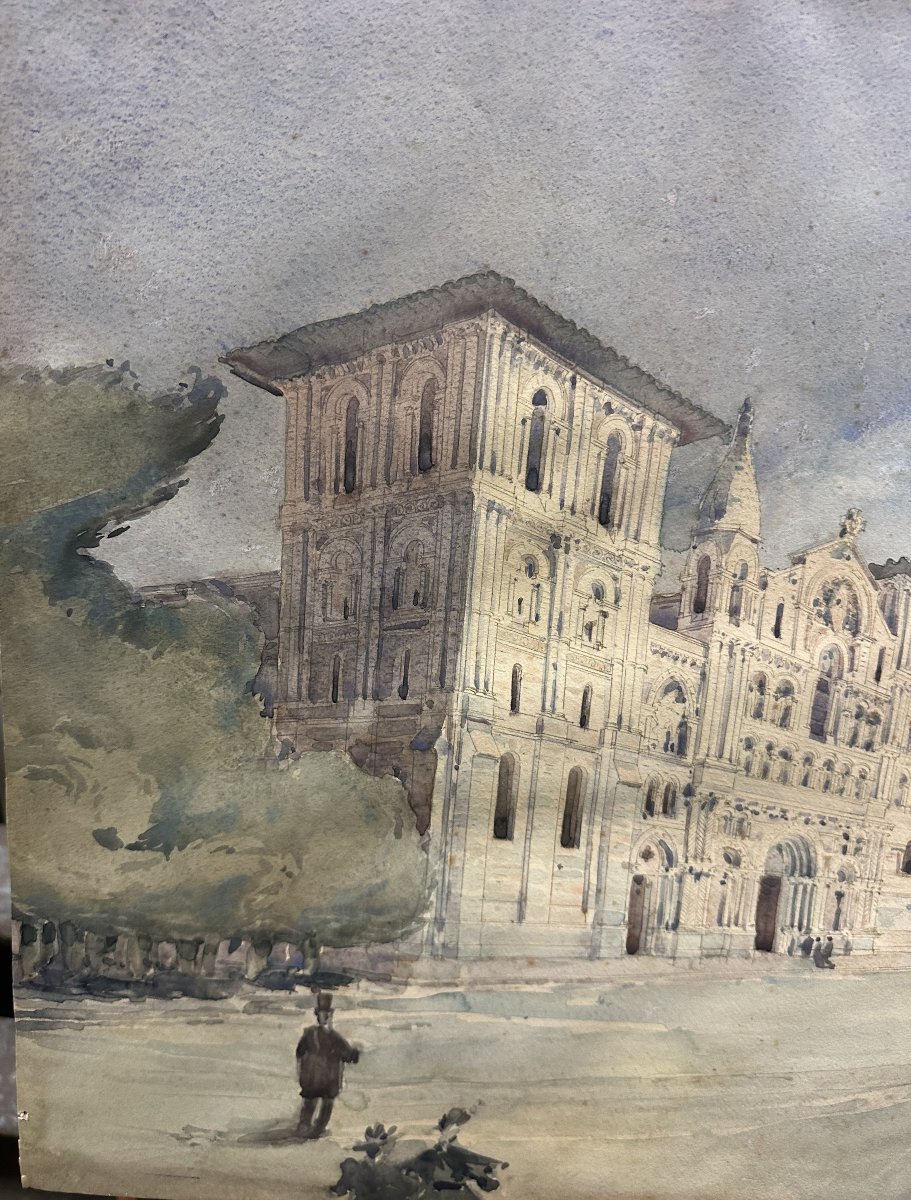 Illisible, Fin XIX° "Eglise Sainte Croix et Beaux-arts de Bordeaux" aquarelle signée bas droite-photo-4