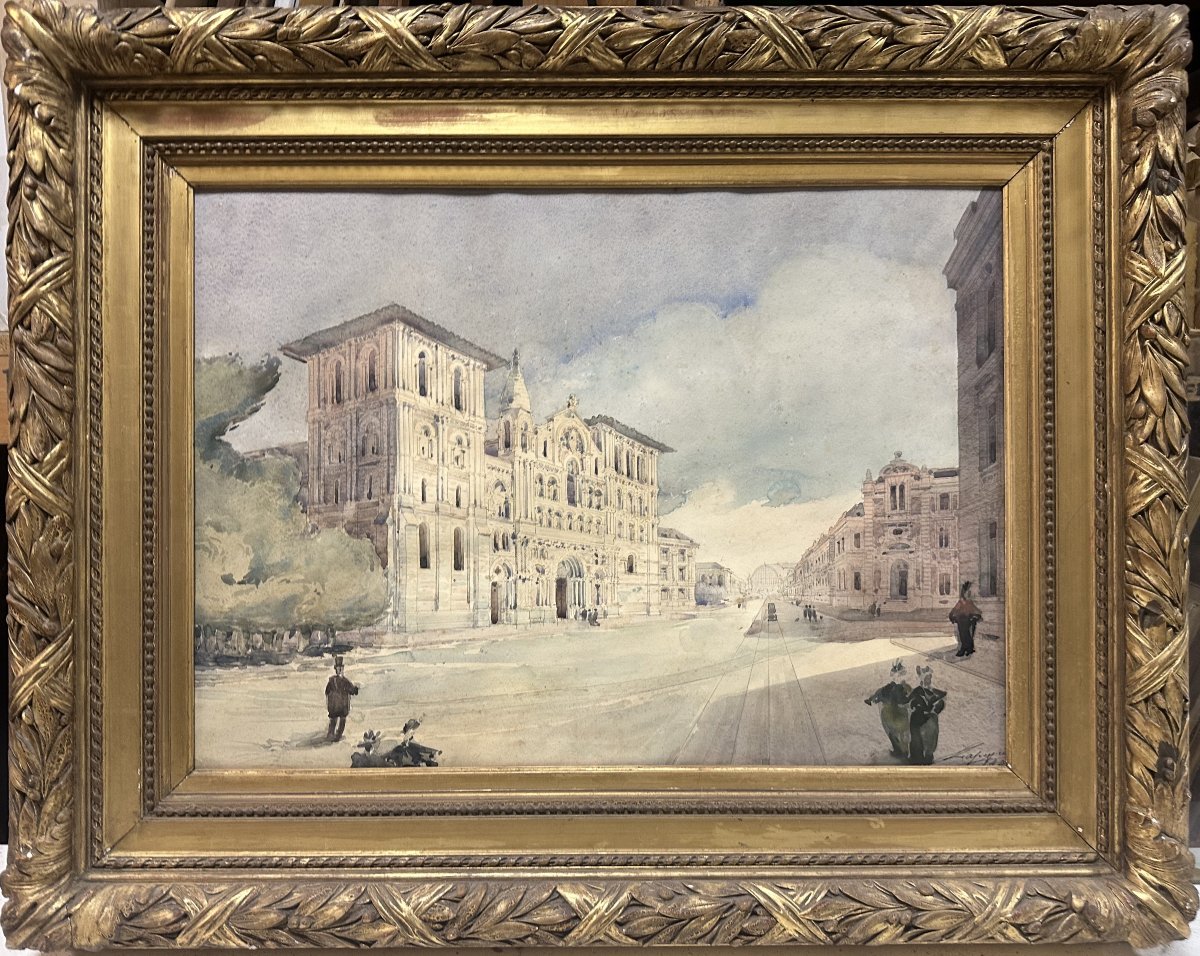 Illisible, Fin XIX° "Eglise Sainte Croix et Beaux-arts de Bordeaux" aquarelle signée bas droite
