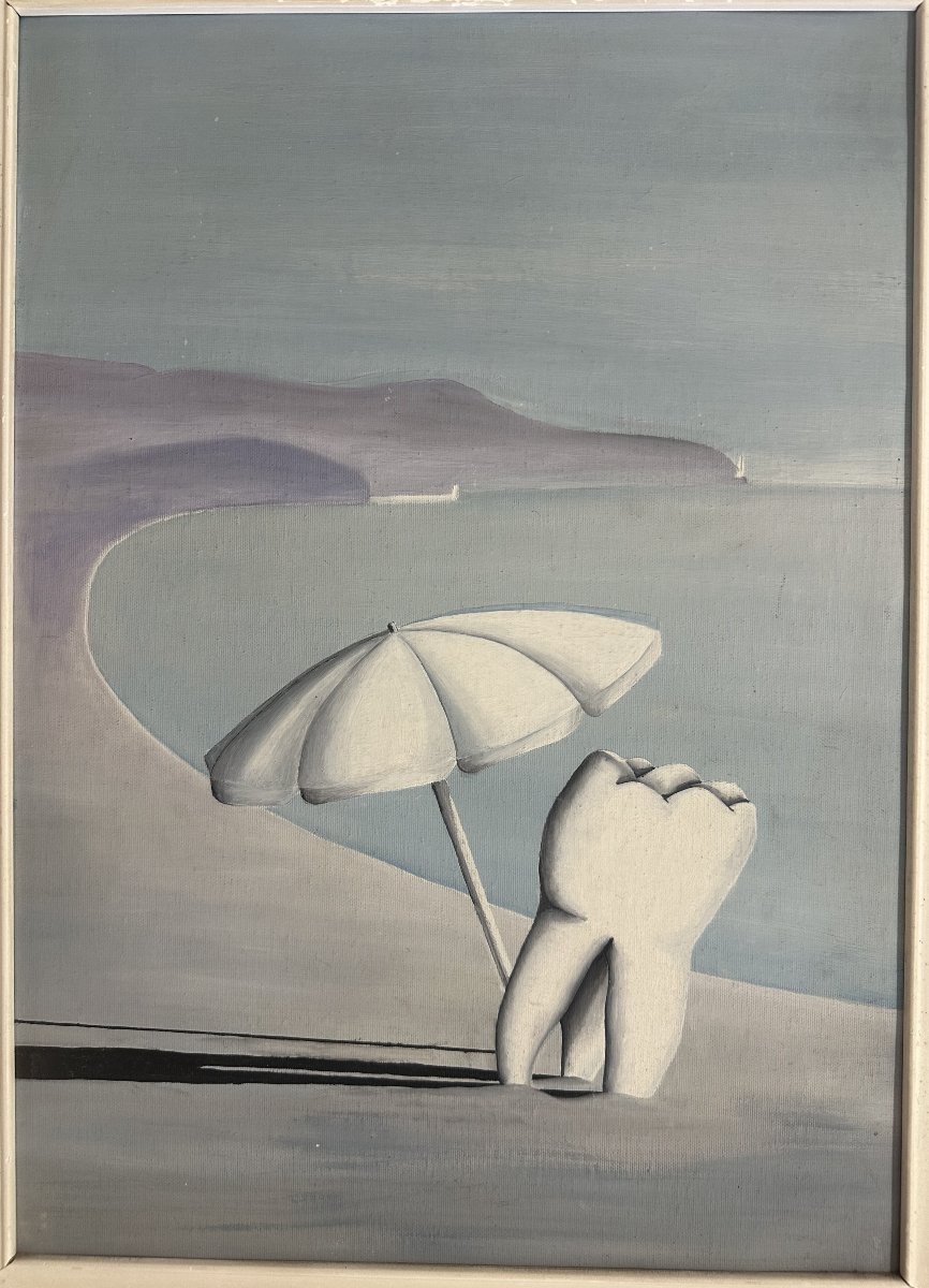 A Humourous 20th-century Surrealist Painting Depicting "a Tooth On The Beach." Acrylic On Panel
