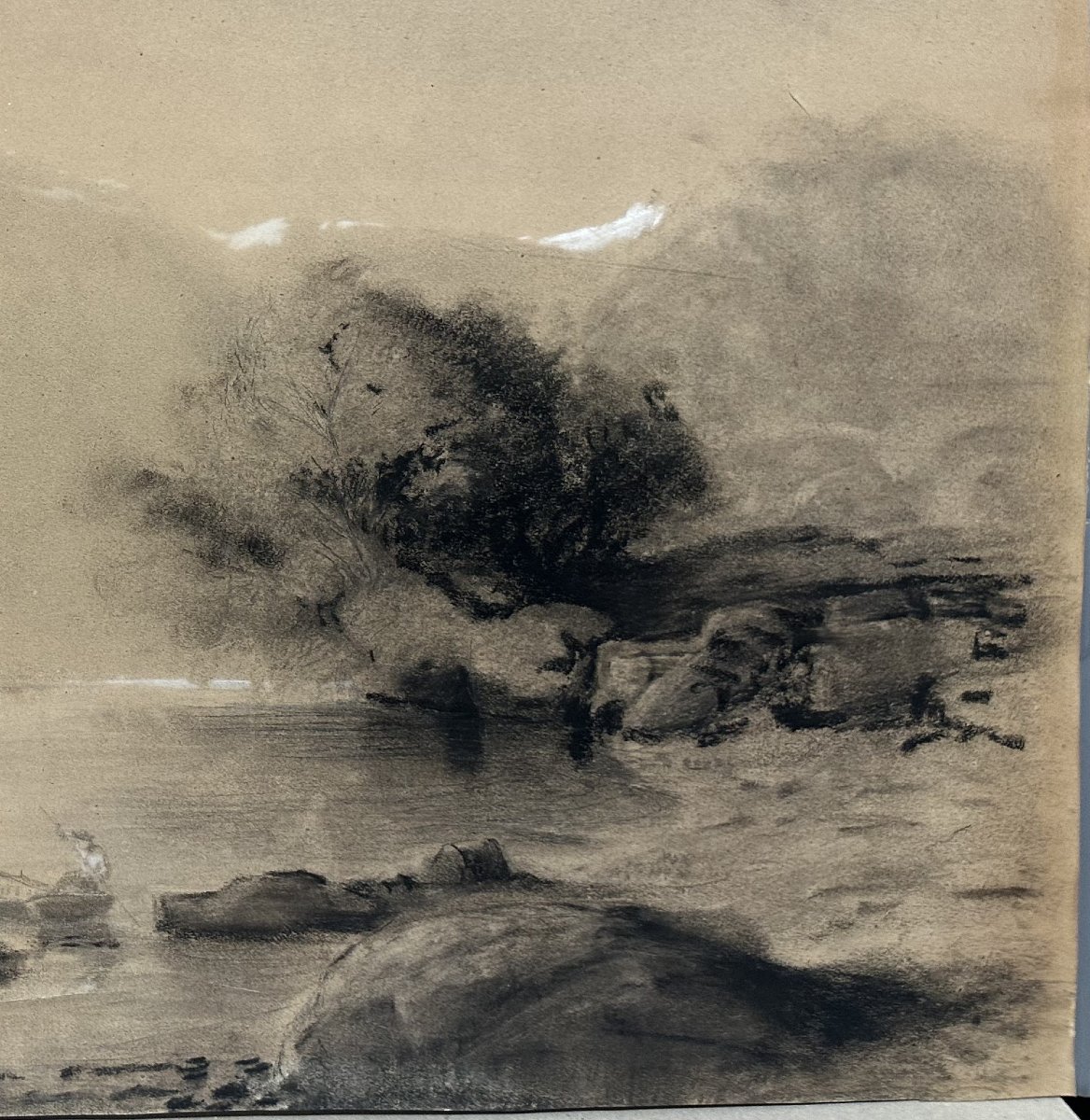 19th-century Francia/turner School, "landscape Study Of A Mountain Lake," Charcoal With White Highlights, 59x81 Cm-photo-2