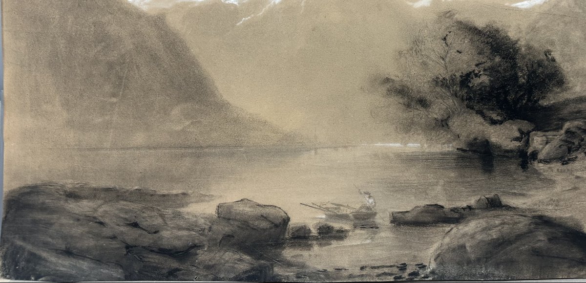 19th-century Francia/turner School, "landscape Study Of A Mountain Lake," Charcoal With White Highlights, 59x81 Cm-photo-3