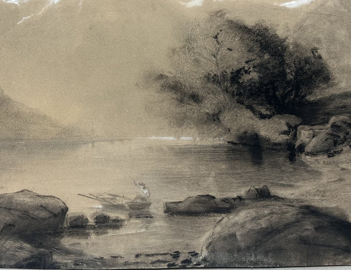19th-century Francia/turner School, "landscape Study Of A Mountain Lake," Charcoal With White Highlights, 59x81 Cm-photo-4