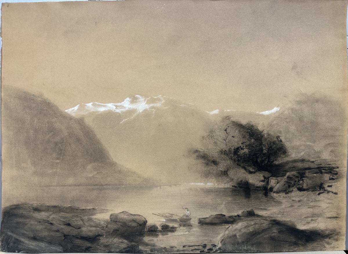 19th-century Francia/turner School, "landscape Study Of A Mountain Lake," Charcoal With White Highlights, 59x81 Cm