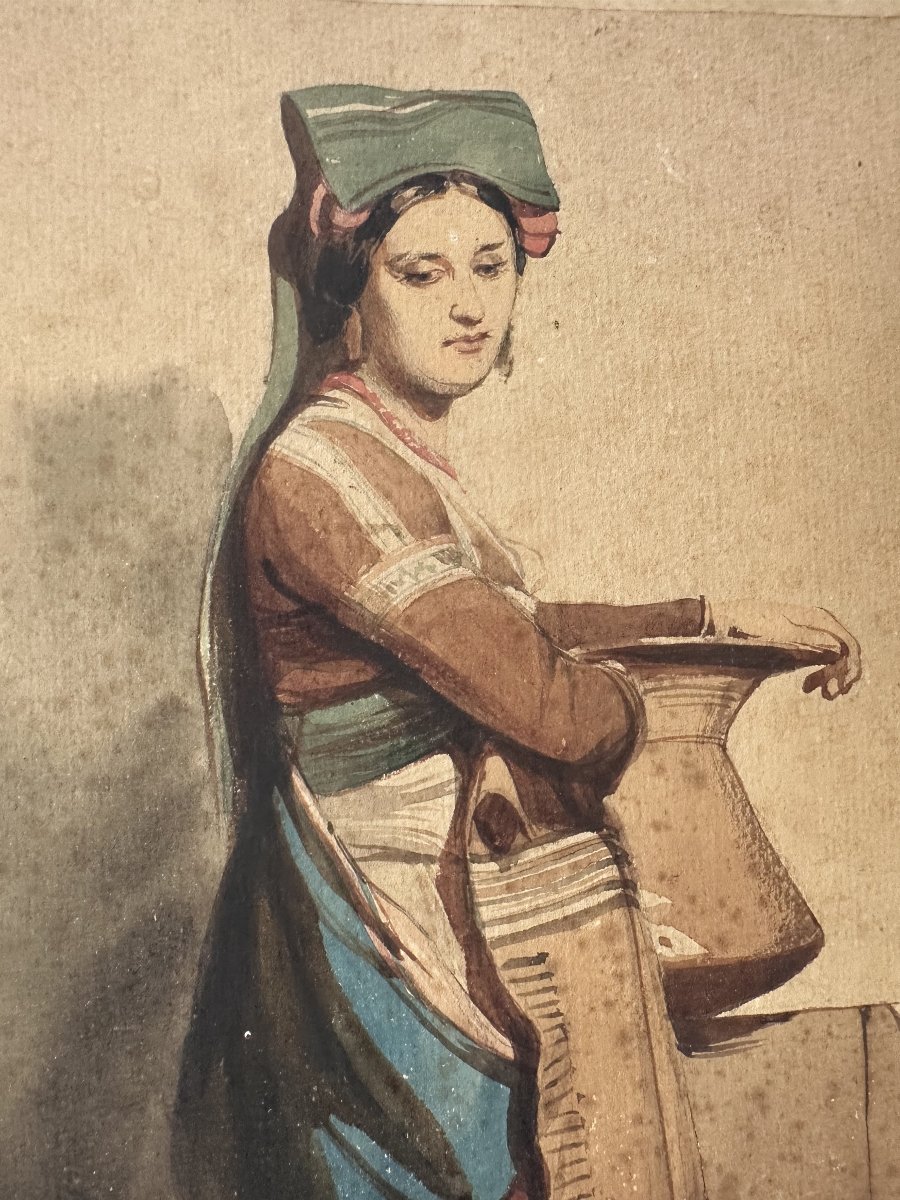 Dominique Louis Papety (1815–1849), Marseille, “young Roman Woman,” Watercolor, Signed And Dated 1830; 28 X 19 Cm-photo-3