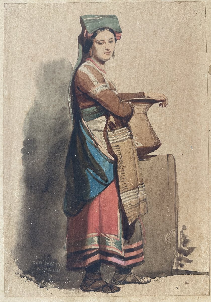 Dominique Louis Papety (1815–1849), Marseille, “young Roman Woman,” Watercolor, Signed And Dated 1830; 28 X 19 Cm