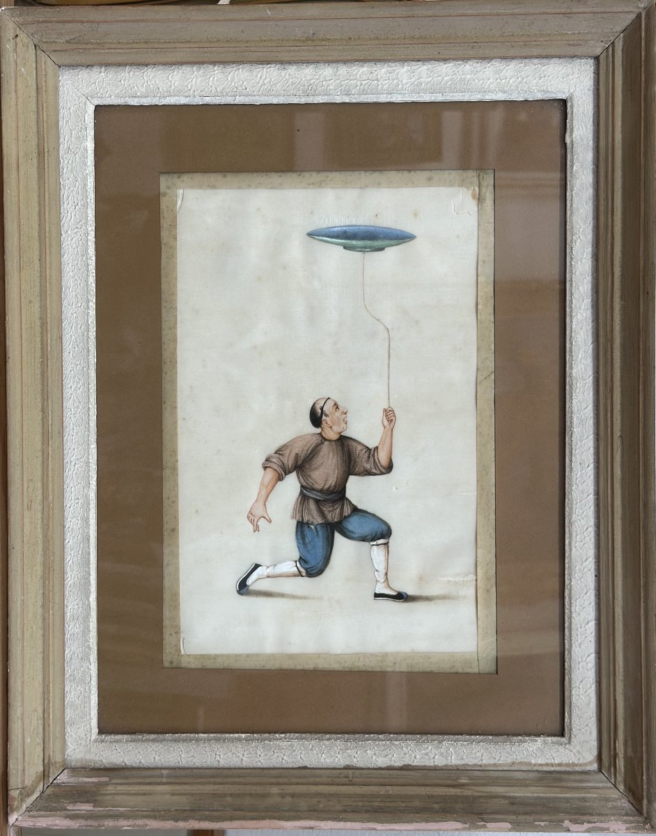 China, Early 20th Century, "chinese Circus Plate," Gouache On Rice Paper, 28 X 18 Cm-photo-2
