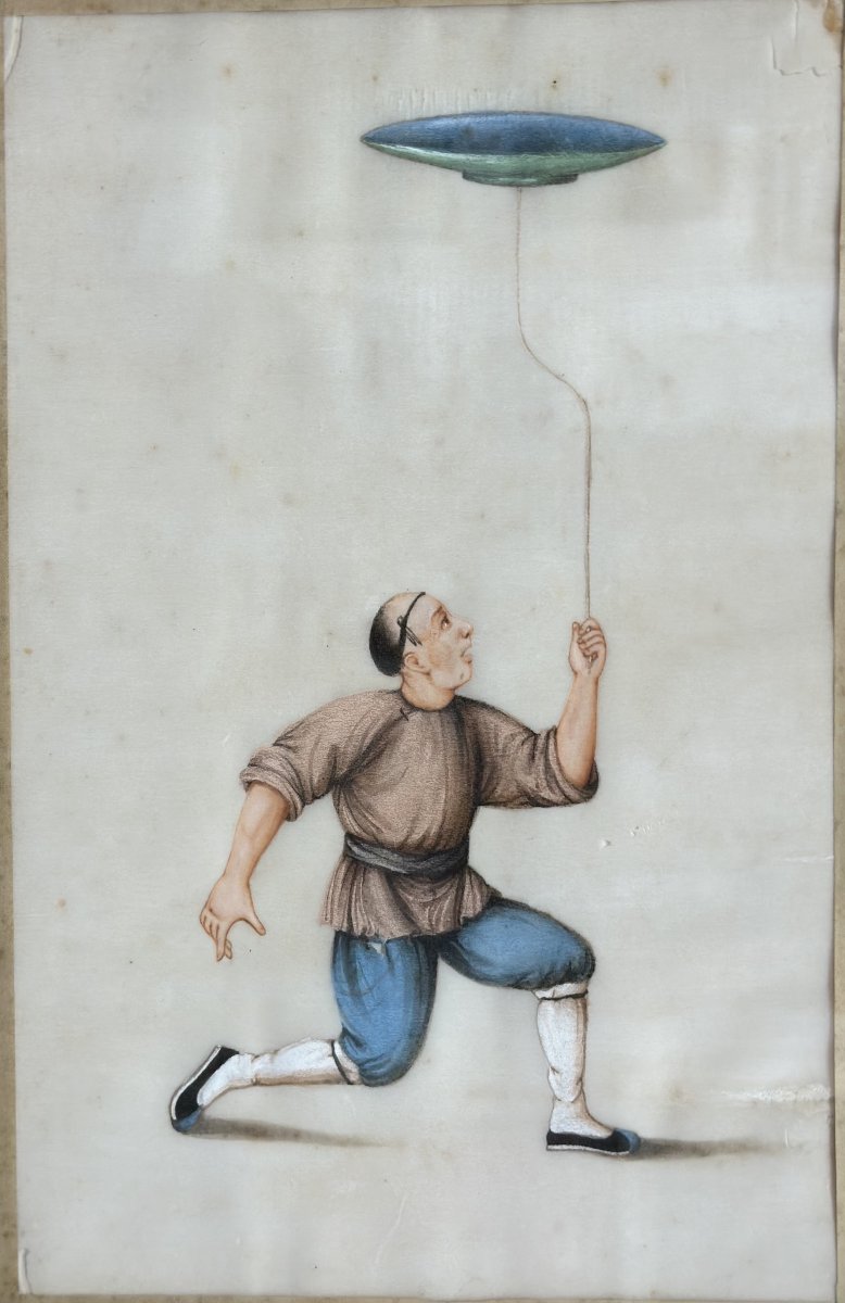 China, Early 20th Century, "chinese Circus Plate," Gouache On Rice Paper, 28 X 18 Cm