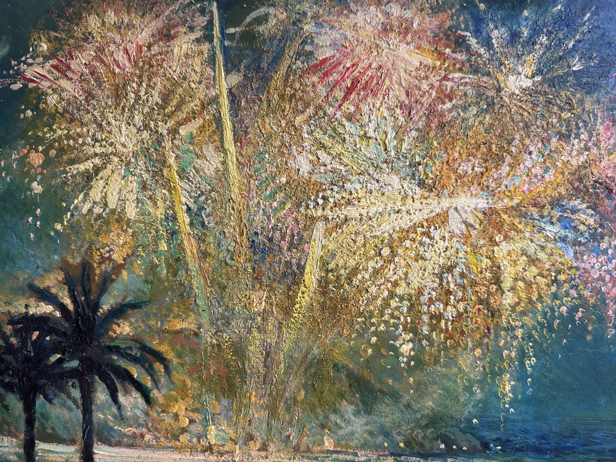 Ec. Française XX° "Feux d'artifice sur la mer, Côte d'azur" Huile sur carton signé, 35 x 47 cm -photo-2