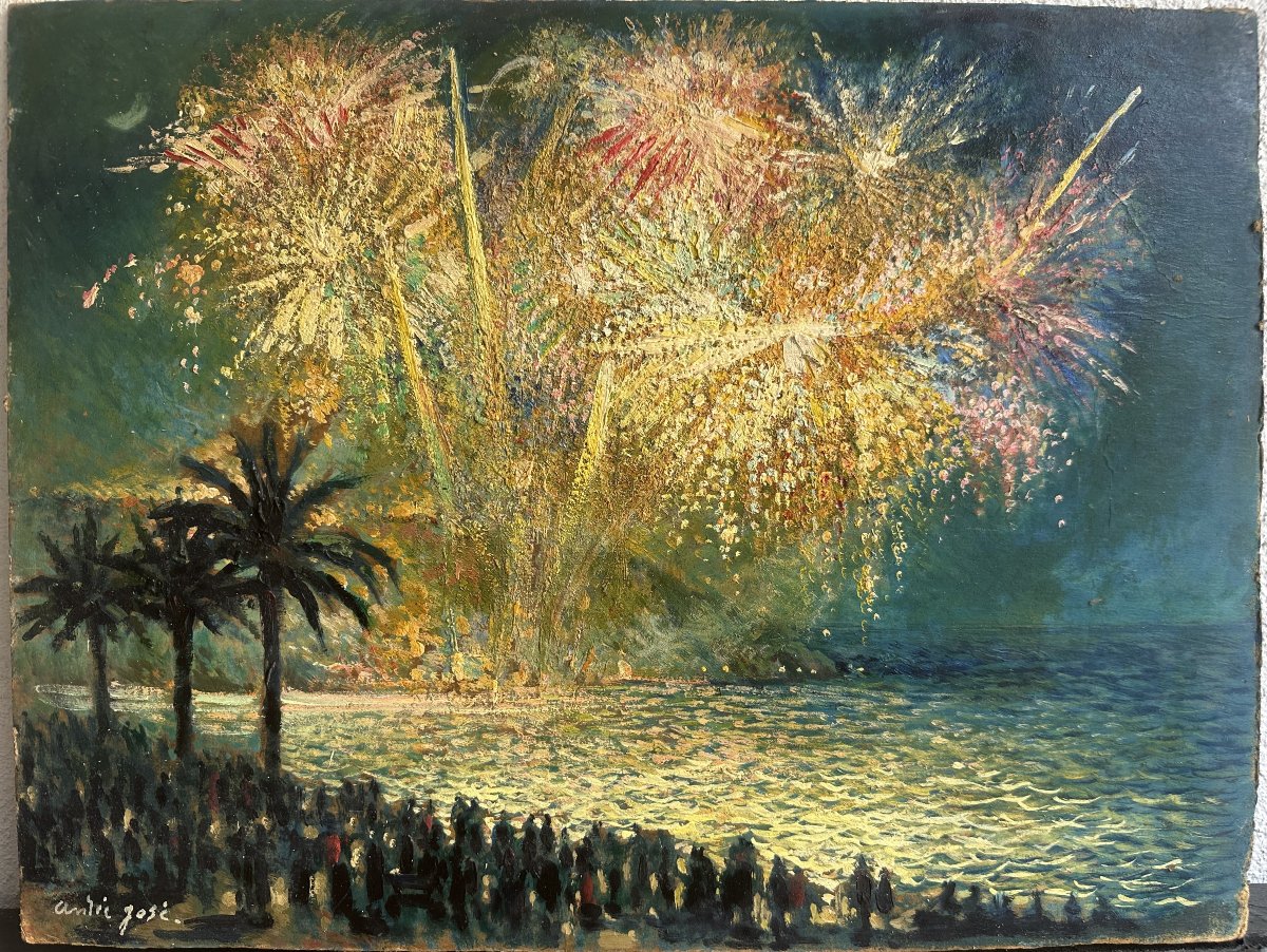Ec. Française XX° "Feux d'artifice sur la mer, Côte d'azur" Huile sur carton signé, 35 x 47 cm 