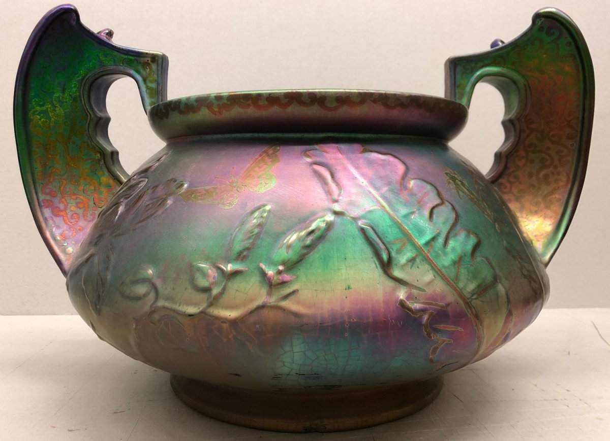 Massier Jérome (1850-1926) Vallauris - "Rare et important cache-pot en céramique irisée"-photo-3