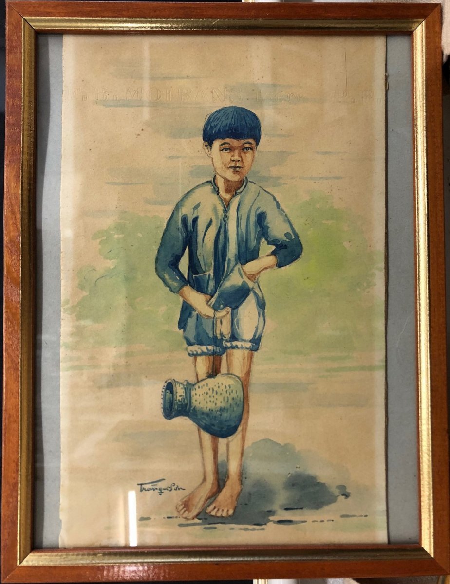 Nguyen Tran Son XX ° Hanoi, Vietnam, Indochina: 3 Watercolors Signed-photo-3
