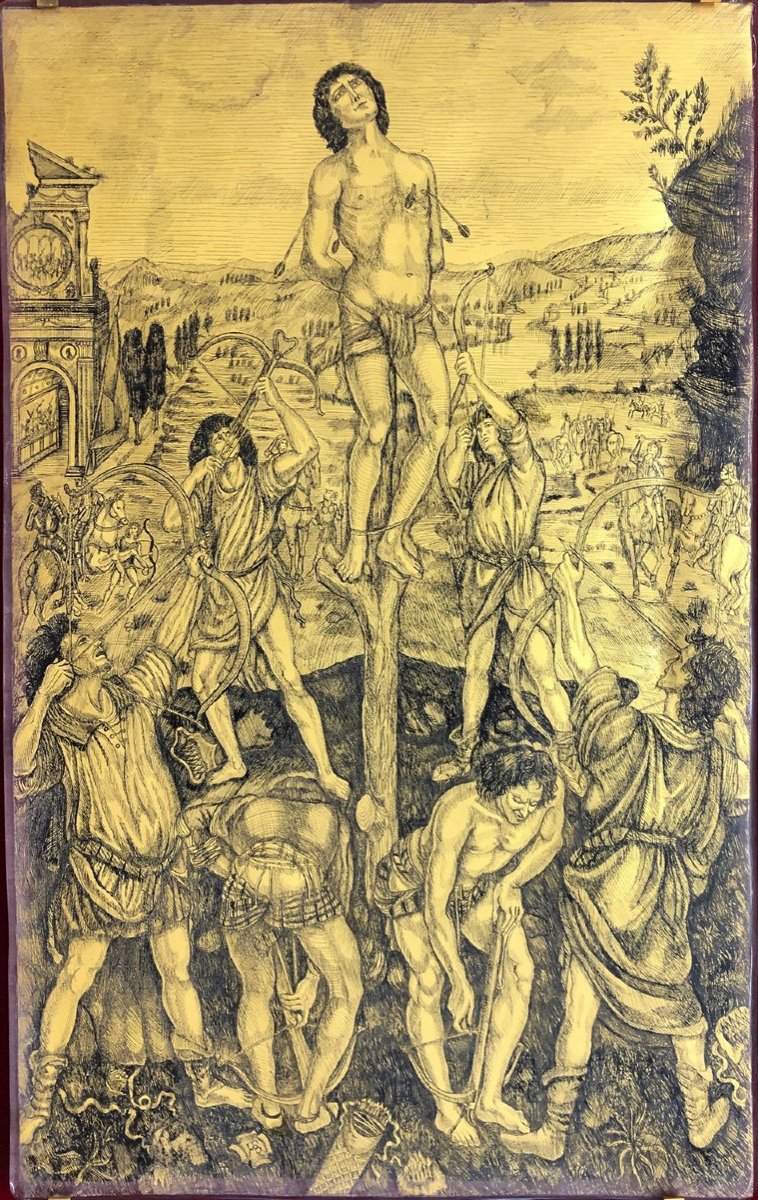 Marco Toso Borella (1962 Murano): "le Martyre De Saint Sebastien" Dessin Sur Verre Doré