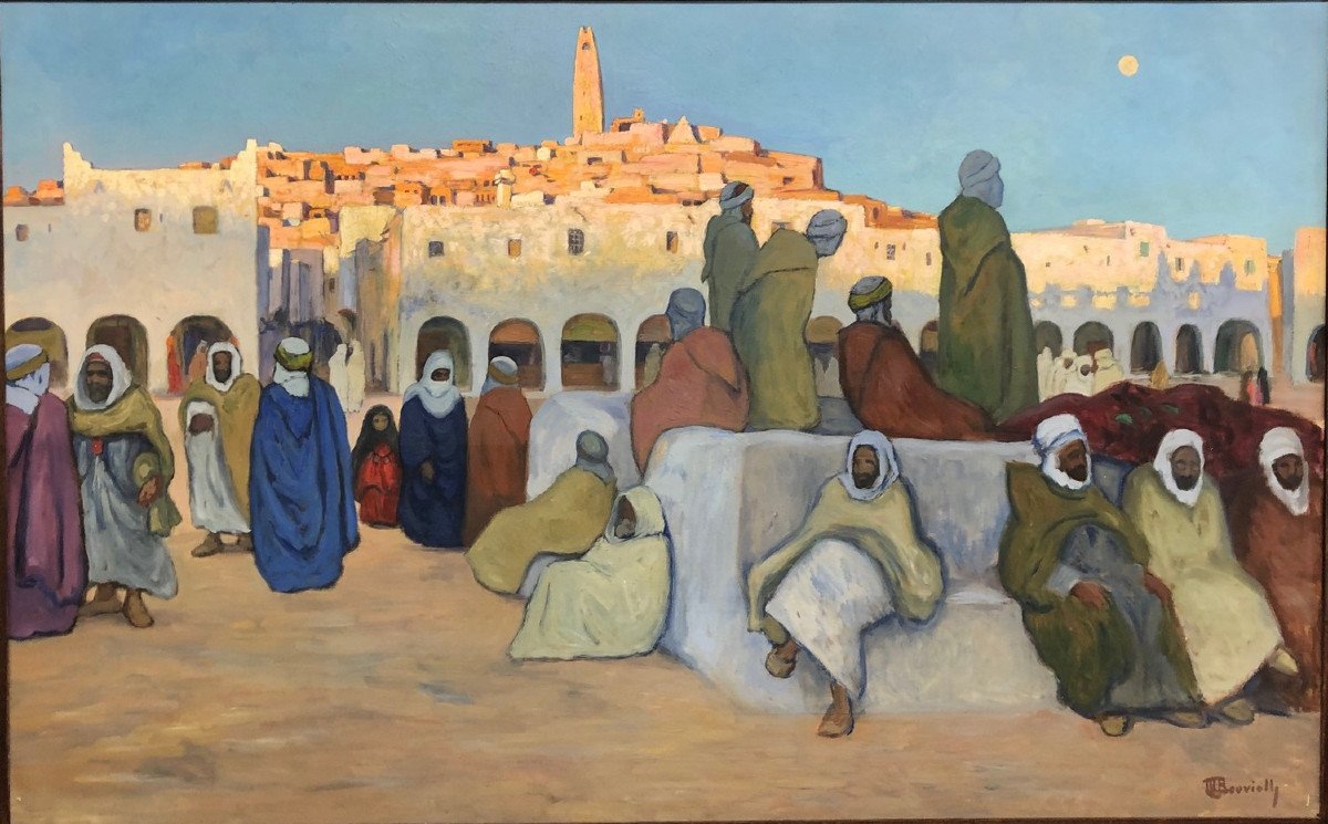 BOUVIOLLE Maurice (1893-1971) "Vue animée de Ghardaia à la tombée du jour" RARE FORMAT ! -photo-2