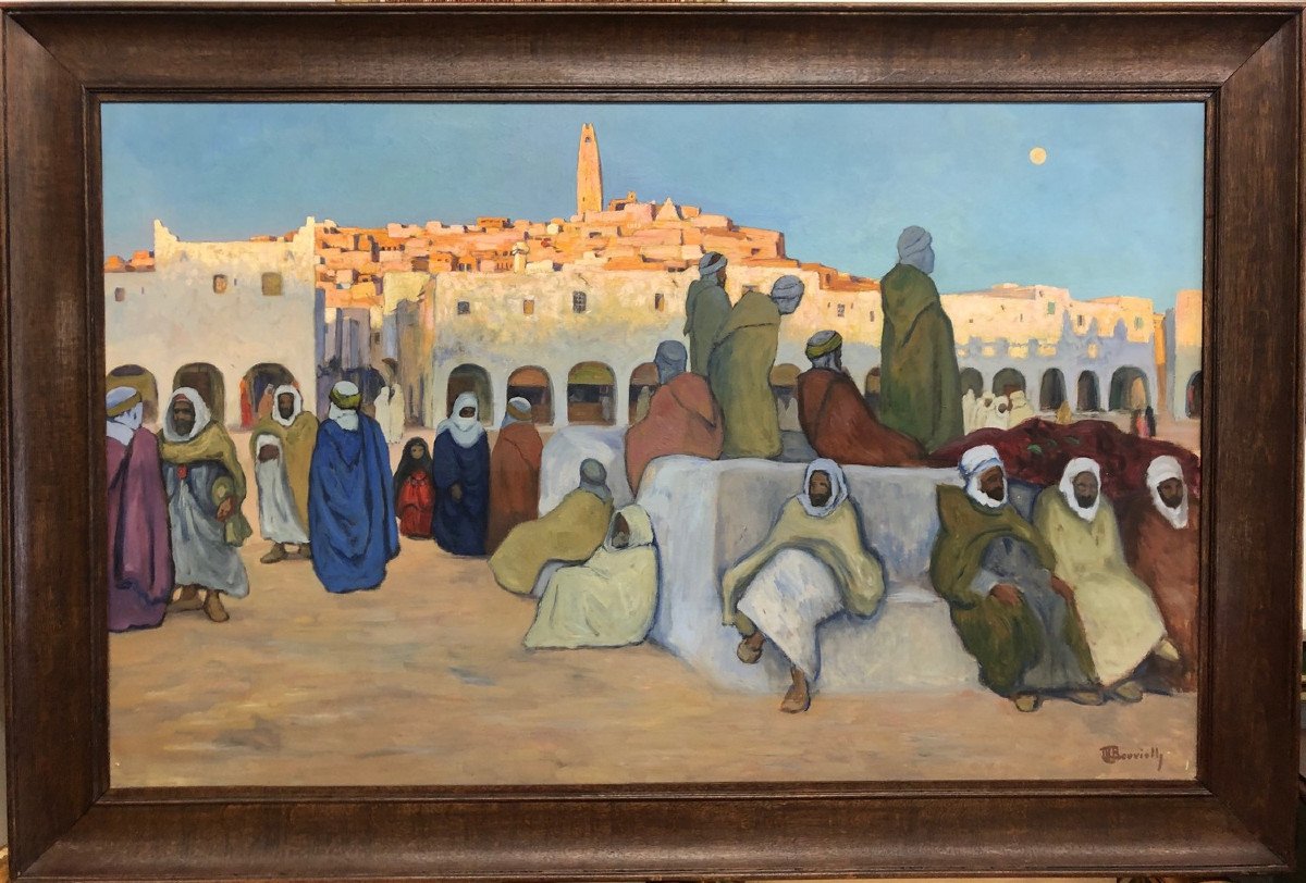 BOUVIOLLE Maurice (1893-1971) "Vue animée de Ghardaia à la tombée du jour" RARE FORMAT ! 