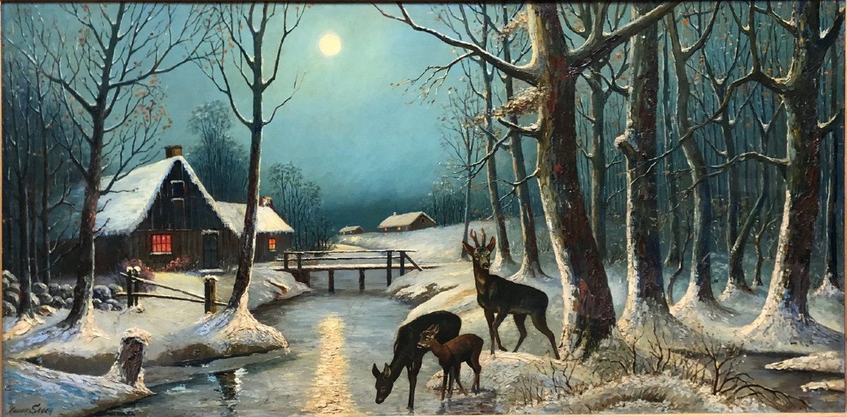 Xavier Sager (1881-1969): "the Deer Family Near The Water"