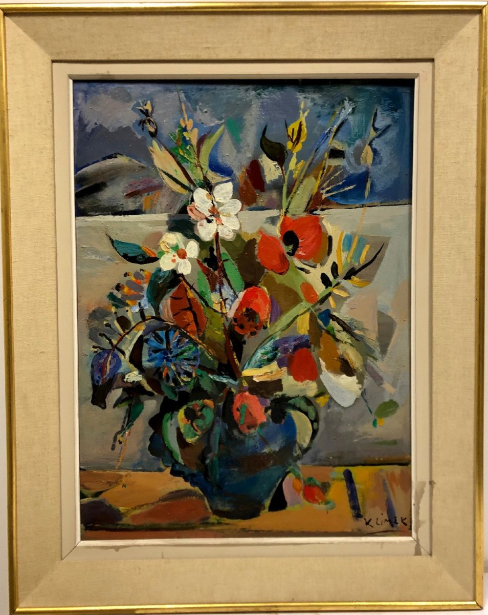 Ludwig KLIMEK (1912-1992); Pologne; Français: "Bouquet de fleurs dans un vase"-photo-3