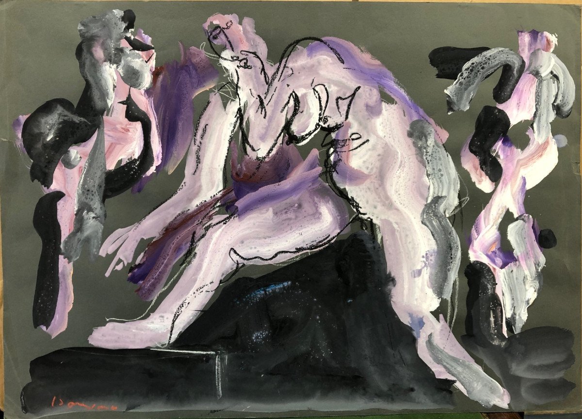 Bernard Damiano (1926-2000) Italie, France : "Nu expressioniste", gouache