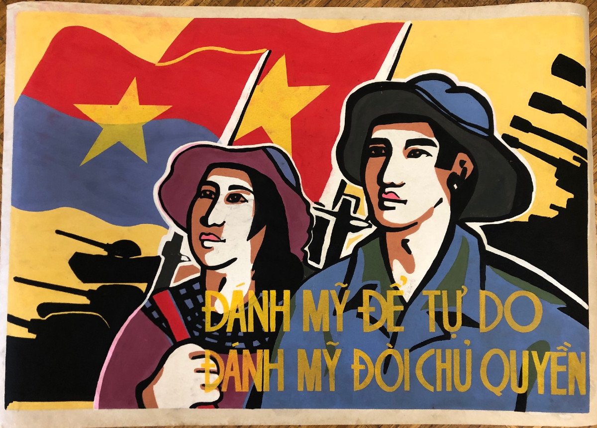Affiche; projet à la gouache; Propagande Vietcong: "Guerre du Vietnam" circa 1970. Indochine