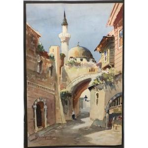 Nikolaï Saraphanoff (xix-xx): "view Of Istanbul" Watercolor