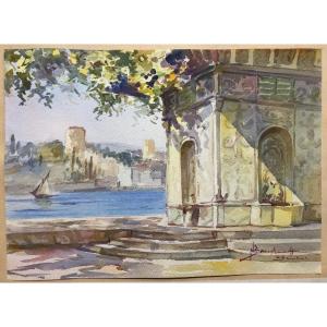 Nikolai Saraphanoff (xix-xx): "view Of The Bosphorus, Istanbul" Watercolor