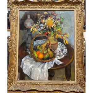 Irène Pages (née En 1934) "nature Morte Au Tournesol Et Bouquet", Huile Sur Toile, 92 X 73 Cm