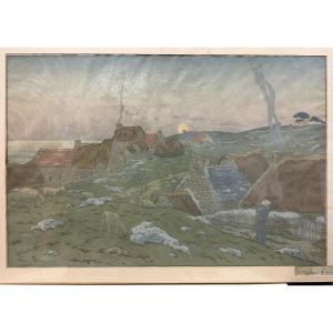 Henri Riviere(1864-1951) Bretagne:"le Lever De Lune (1898)", Lithographie Couleurs 54,5 X 83 Cm