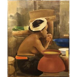 Emilio Ambron (1905-1996) Italy, Bali: "young Balinese" Oil On Canvas Signed, 81 X 65 Cm