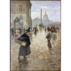 Albert BAURE (1867-1930) "Scène de rue parisienne entre La Madeleine et la Concorde"