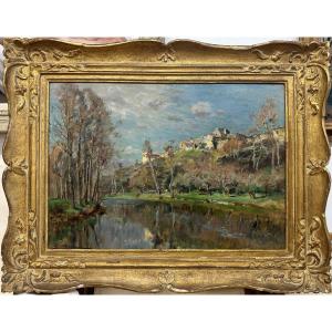 Edmond Marie PETITJEAN (1844-1925):"Village surplombant une rivière" Huile sur toile