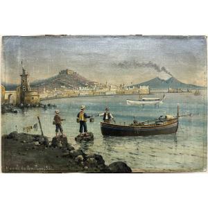 Ecole Napolitaine; Posillipo; Napoli, Vésuve,Italie: "napoli Da Posillipo 1902" Huile SurToile