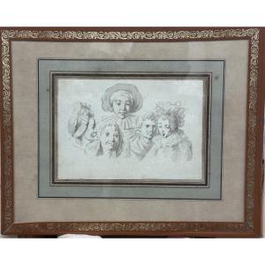French School Of The 18th Century "studies Of Faces"; Sepia Wash Drawing On Laid Paper