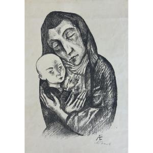 Alois Erbach (1888-1972) Wiesbaden; Expressioniste Allemand "maternité" Gravure, Bois.