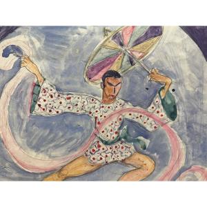 Ballets Russes Watercolor "study Of A Dancer With An Umbrella" 20th Century; Unsigned,