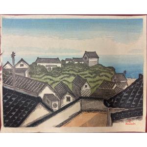 Henmi TAKASHI (1895-1944) Sosaku Hanga "Village au bord de l'océan" Gravure Sur Bois Japon