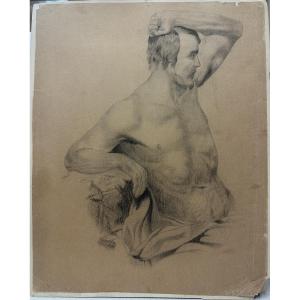 Ecole du XIX°:"Académie d'homme" Dessin au crayon collé au dos d'une photo de la Villa Soligny