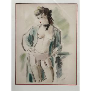 Dignimont André (1891-1965) Paris, Montmartre "nude With Garter Belt" Watercolor, Signed